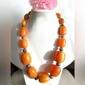 Vintage large amber resin beads handmade necklace with brass spacer 23”inches